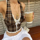 BXOXO Vintage Plaid Print Halter Vest Women Y2K Korean Sexy V Neck Cardigan Tops Summer Streetwear Patchwork Female Tank